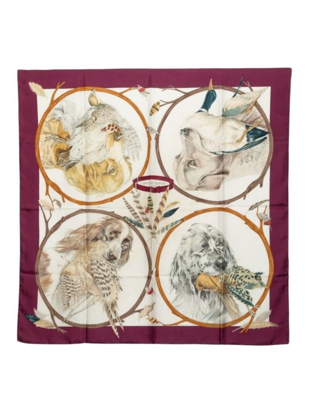 Hermes Carre 90 Chiens AU Rapport Hound Cyan Au Scarf Purple White Silk